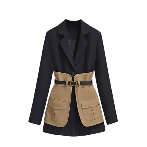 Women's Blazer Jacket Fashion Belted Coat Spring Patchwork Color Jacket Outwear - Main Image