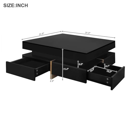 DESIGNER97 Modern High Gloss Coffee Table with 4 Drawers Multi-Storage Square Cocktail Tea Table Wood Grain Legs Center Table for Living Room 31.5"x31.5", Black