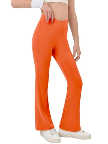 Haloumoning Girls Crossover High Waisted Flare Pants Kids Bootcut Leggings Full Length Bell Bottoms 5-14 Years Orange
