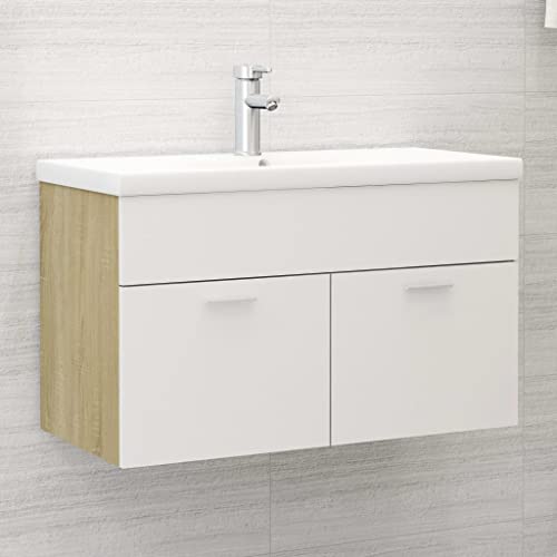 Higsose Mueble con Lavabo Aglomerado Blanco y Roble Sonoma Muebles para Lavabo Organizador Baño Mueble Baño con Lavabo Mueble para Baño Armario Baño Mueble Lavadora con Lavabo Integrado y Grifo