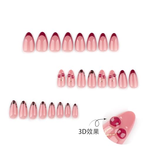 Image of Red Nails Press ons Cherry Fake Nails French Tip False Nail with Tortoise Shell Design Glossy Full Cover Reusable Artificial Acrylic Medium Almond Stick on Nail for Women Manicure 24Pcs