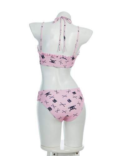 haikyuu Women Skeleton Swimsuit Goth Two Piece Swimsuit with Skirt Pink Halter Bikini Gothic Bathing Suit4