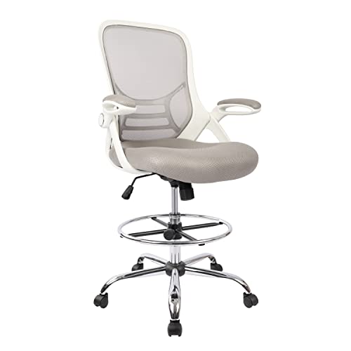 Image of HYLONE Drafting Chair, Tall Office Chair Standing Desk Stool with Adjustable Foot Ring, Flip-Up Arms, Mesh High-Back Drafting Table Chair, White & Grey