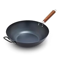 GreenPan Kyoto 14” Pre-Seasoned 7.25QT Carbon Steel Wok with Helper Handle, Flat Base, Professional Nonstick Patina with Use, Induction, Carbonized Ash Wood Handle, Even Heating, Durable, Black