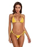 Oneheekini Women Sexy Halterneck Tiny Mini Micro Bra Charming Bikini G String Bottom Beachwear 2 Pieces Yellow…
