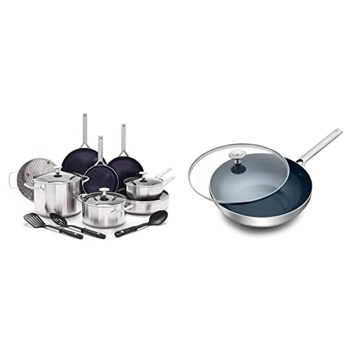 Blue Diamond Cookware Tri-Ply Stainless Steel Ceramic Nonstick, 15 Piece Cookware Pots and Pans Set, Silver & Cookware Tri-Ply Stainless Steel Ceramic Nonstick, 11" Wok Pan, Silver