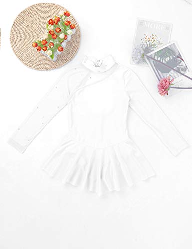 Chictry Girls' Sparkly Mock Neck Mesh Figure Ice Skating Dress Spandex Long Sleeves Dance Leotard Pure White 10 #TOP2