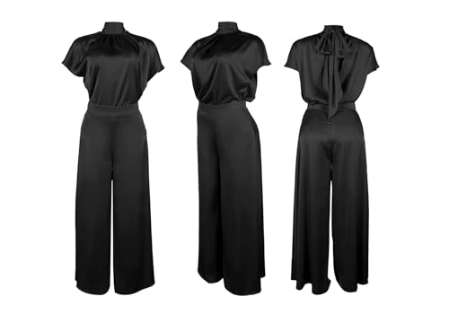 Ecirod Womens 2 Piece Church Outfits Turtleneck Bow Tie Cap Sleeve Tops High Waisted Flowy Wide Leg Palazzo Pants Set4