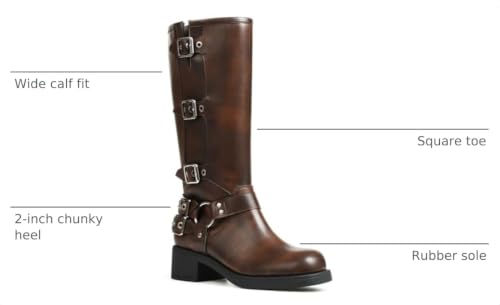 Image of AMINUGAL Knee High Boots Women Square Toe Pull On Wide Calf Riding Fashion Buckles Chunky Metallic Casual Vintage Buckle Rivet