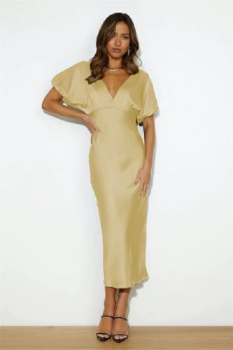 Image of Summer Satin V Neck Puffy Sleeves Empire Waist Midi Dresser Silk Sexy Tie Back Formal Cocktail Dresser for Women Wedding