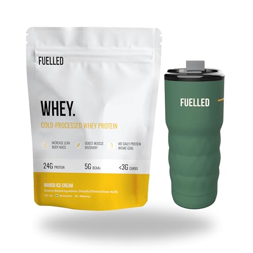 Image of FUELLED Whey Protein Powder Concentrate & Isolate with 24 g Protein, 5 g BCAA (4 kg, 120 Servings) Lab Tested with Premium Metallic Shaker (Mango Ice Cream)