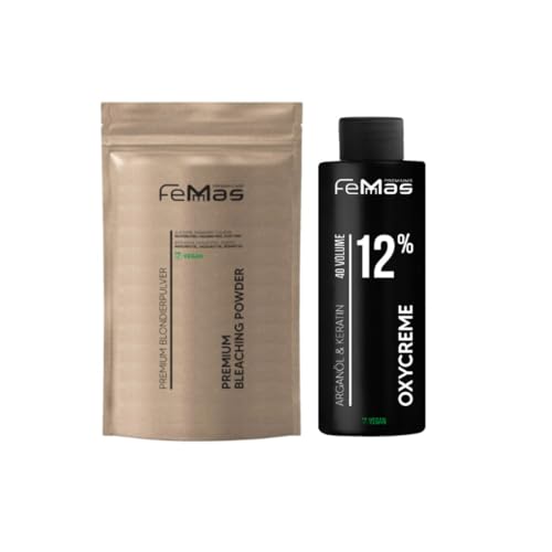 FemMas Blondier-Set: Premium Blondierpulver 100g & Oxycreme 100ml| Perfektes Starter Set für blonde Haare | für bis zu 9 Tonstufen hellere Haare in Salon Qualität (Blond, 12%)