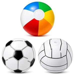 ERQUET 3Pcs 11 Inch Inflatable Beach Balls, Three Colourful Inflatable Pool Toys, Including OneMulticolour Balls,One Football Design and One Volleyball Design, for Party, Summer Games, Birthday