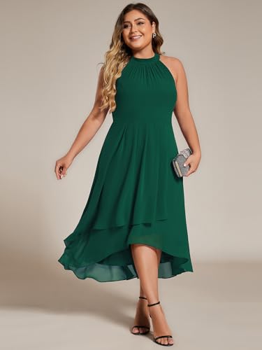 Image of Ever-Pretty Plus Women's Sleeveless Halter A Line Pleated High Low Plus Size Wedding Guest Cocktail Dresses 31926-DA