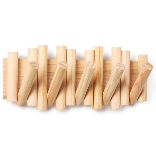 zQSFP Wall Mounted Coat Rack with 5 Foldable Hooks, Space-Saving Natural Wood Storage Organizer for Entryway, Bedroom, Office, Sleek Modern Design, Easy Installation (Nature)