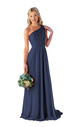 Image of LANGKAAO Women's One Shoulder Bridesmaid Dresses Long for Wedding with Pockets Lace Bodice A-Line Chiffon Formal Party Gown