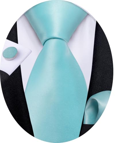 DiBanGu Aqua Blue Tie for Men Satin Teal Necktie with Pocket Square Cufflinks Set Party Wedding