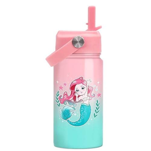 Image of SANDJEST Mermaid Water Bottle for Girls - Kids Water Bottle with Straw Lid - 12 Oz Insulated Stainless Steel Water Bottles - Travel Cup for School Sports