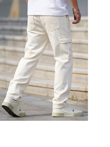 Image of QNIM Cargo for Men | Loose Fit White Denim Jeans | Stylish Cotton Multi-Pocket Casual Styling Pant | Trendy Straight Leg Comfortable Utility Streetwear Trousers (Q-04-05)