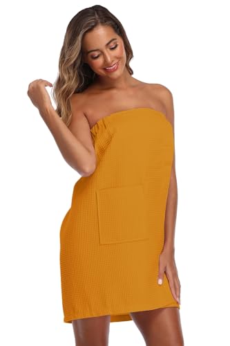 Image of Women's Bath Towel Wrap Waffle Spa Body Wrap with Adjustable Closure Quick Dry Lightweight Towel Robes with Pocket, Orange S /M