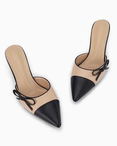 Coutgo Womens Bow Tie Mules Heels Two Tone Closed Pointed Toe Slip On Backless Wedding Dress Shoes Pumps4