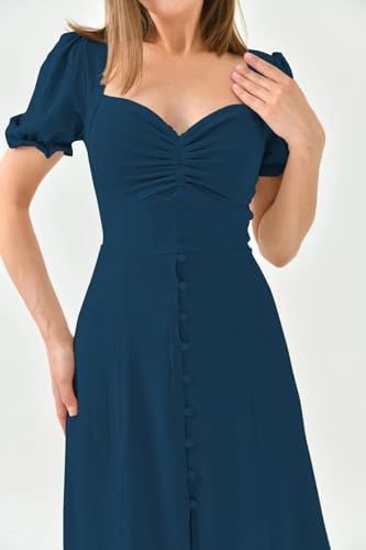 Image of Shasmi Girl's & Women's Solid Midi Dress - Elegant Square Neck Button-Down Dress with Puff Short Sleeves | Stylish Casual & Party & Office Wear Outfit (Dress 105)