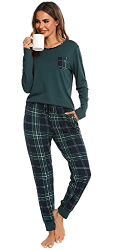 Vlazom-Damen-Schlafanzug-Lang-Zweiteiliger-Schlafanzug-Damen-Pyjama-V-Ausschnitt-mit-Karierte-Hose-Langarm-Pyjama-Set-Zweiteiliger-Sleepwear