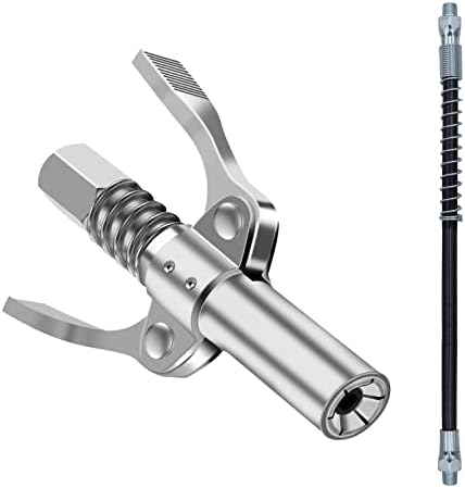 Grease Gun Coupler, Double Handle Grease Gun Tips, Rated 10,000 PSI, Quick Release, Grease Coupler Locks with 18 Inch Spring Flex Hose Compatible with All Grease Guns 1/8" NPT Grease Gun Fittings