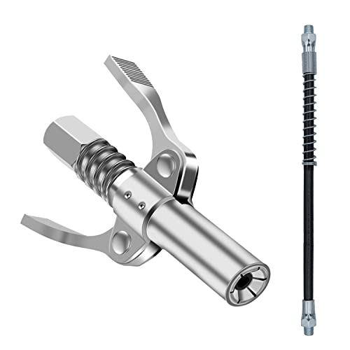Grease Gun Coupler, Double Handle Grease Gun Tips, Rated 10,000 Psi, Quick Release, Grease Coupler Locks With 18 Inch Spring Flex Hose Compatible With All Grease Guns 1/8" Npt Grease Gun Fittings #TOP3