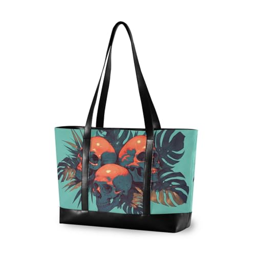 KLL Cool Human Skulls Green Monstera Deliciosa Leaves Waterproof bag for women 14 inch with zipper tote bag for women work Large Handbag for school with lunch maletín para laptop mujer