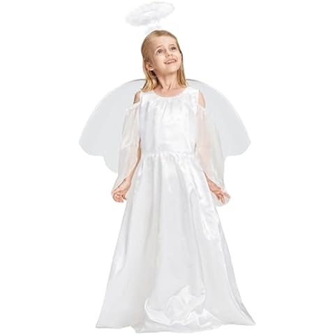 IKALI Kids Girls White Angel Costume with Wings Halo Heavenly Angel Fancy Dress Outfit for Christmas 10-12 Years Cover