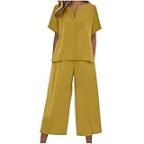 Two Piece Sets for Women Summer Beach Outfits Cotton Linen Shirts Wide Leg Pants Lounge Matching Sets Clothing Yellow XXL