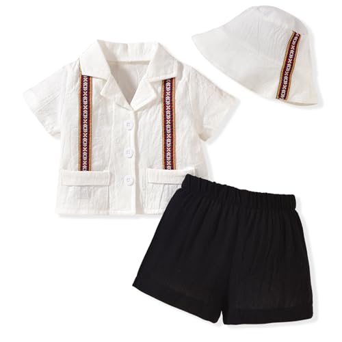 Toddler Baby Boy Summer Outfit Embroidered Mexican Guayabera Shorts Set with Hat