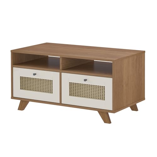 Mesa de Centro com 2 gavetas com corrediças telescopicas e impressão palha 3D TRAMA cor Cinamomo c/Off White - Artely