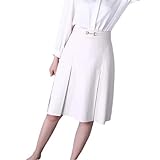 Women Loose Clothing Winter Genuine Leather Elegant High Waist Midi Length Pleated Skirt Ivory XL