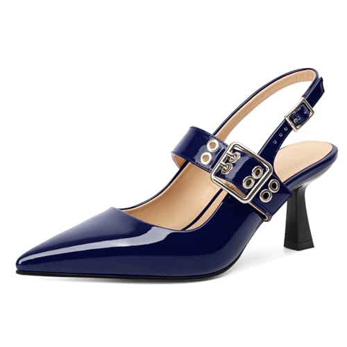 Esvowido Kitten Heels for Women Pointed Closed Toe Slingback Pumps Ankle Strap Metal Buckle Low Heels Wedding Prom Work Date Dress Shoes