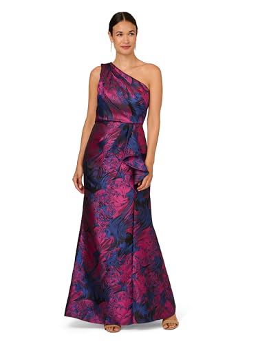 Adrianna Papell Women's One Shoulder Jacquard Mermaid Gown | Formal Floor Length Dress with Floral Design & Drape Detail, Navy/Orchid, 12