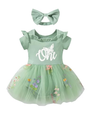 bakjuno Baby Girl 1st Birthday Clothes One Year Old Tulle Romper Short Sleeve Bodysuit Cake Smash Outfits