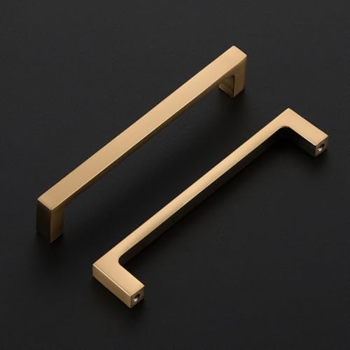 Image of Ravinte Champagne Bronze Kitchen Cabinet Solid Handles,5 Inch,5 Pack | Solid Zinc Alloy, Modern Slim Style, Square Design, Deep-Thread Firm Base, Screws Included, for Kitchen Drawers & Cupboards