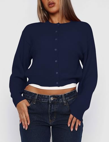 Kistore Womens Cropped Cardigan Sweaters Crew Neck Long Sleeve Button Up Sweaters Lightweight Knit Trendy Sweaters 20252