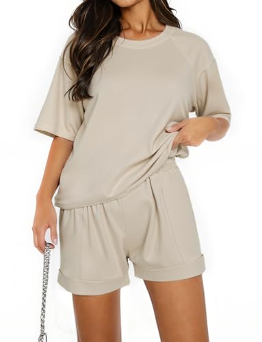 Totatuit Tuta Donna Completo 2 Pezzi,Tuta da Ginnastica Due Pezzi Jogging Donna con Felpa a Maniche Corte,Pantaloni a Gamba Larga, Completo Sportiva Casual per Relax, Casa e Tempo Libero