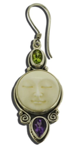 Moon Face Peridot Amethyst Earrings Sterling Silver 925 Handcarved And Gift Boxed #TOP2