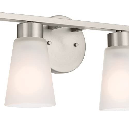 Image of Kichler Stamos 4-Light Bathroom Vanity Light Fixture with Satin Etched Glass Shades, 26 in Modern Wall Light in Brushed Nickel for Bathroom Mirror (26 in x 8 in x 5 in), 55122NI