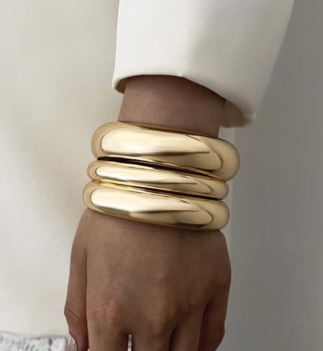 Image of Chunky Gold Bangle Bracelets for Women, Dainty 14k Gold Plated Big Stackable Bangles Set, Trendy Statement Cuff Bracelet Stack Fashion Jewelry Gifts