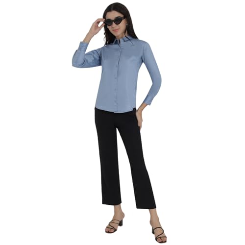 Image of Women's Cotton Solid Long Sleeve Shirt - Formal & Casual Button-Down Long Sleeve Collared Top for Office, Workwear 100% Soft Breathable Cotton Fabric