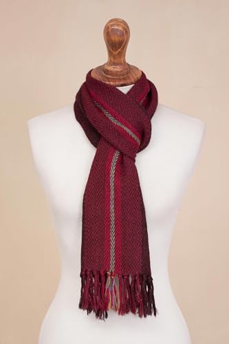 NOVICA Artisan Handwoven 100% Alpaca Scarf Wrap in Crimson from Peru Wool Accessories Scarves Red Burgundy Patterned ' Andean Zigzag in Crimson'3