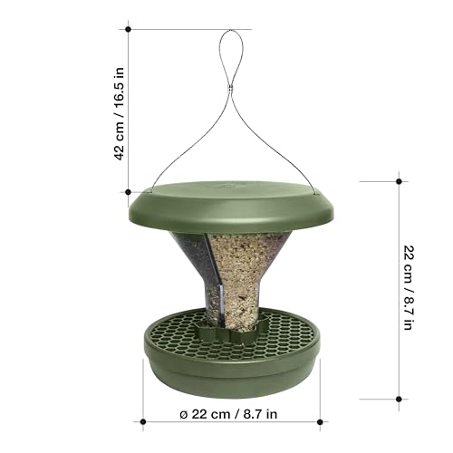SWISSINNO Vogelfutterhaus zum Aufhängen – Davos SMART Birds - Vogelfutterspender mit Auffangschale - Futterstation für Vögel - Futtersilo Rattensicher - Vogelhaus für Garten & Balkon - Grün