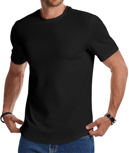 JMIERR Short Sleeve Shirts for Men Muscle Slim Tight Stretch T Shirt Crew Neck Shortline Basic Tee Gym Workout Ribbed T-Shirts, US50(2XL), Black