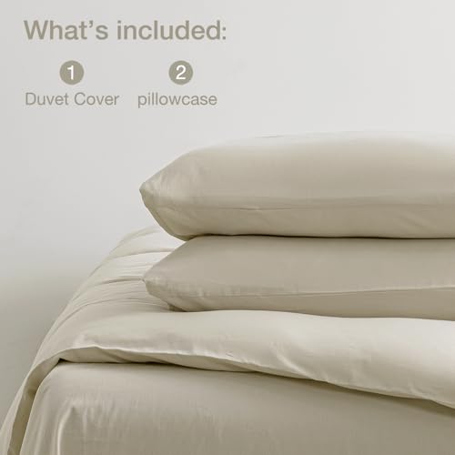 Image of JELLYMONI Cotton Duvet Cover Full Size - 100% Washed Cotton Linen Like Textured Comforter Cover, 3 Pieces Lightweight Soft Bedding Set with Zipper Closure (Light Khaki, Full 80 inchx90 inch)