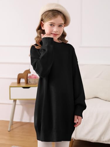 Image of Haloumoning Girls Sweater Dress Casual Crewneck Knit Long Sleeve Fall Winter Dress Pullover 5-14Y